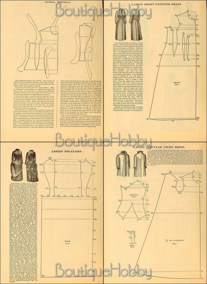 May include: Vintage sewing patterns for a short princess dress, a polonaise, and a circular night dress. The patterns are printed on paper and include detailed instructions and measurements.