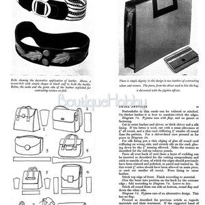 Op de afbeelding: Een zwart-witte illustratie die verschillende manieren laat zien om leer te snijden en te naaien voor een kleine handtas of tas. De illustratie bevat diagrammen voor het uitsnijden van het leer, het naaien van de randen en het toevoegen van een klep.