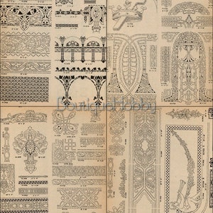 May include: A vintage sheet of stencil patterns for crafts. The patterns include floral, geometric, and architectural designs. The sheet is printed on aged paper with a light brown color.