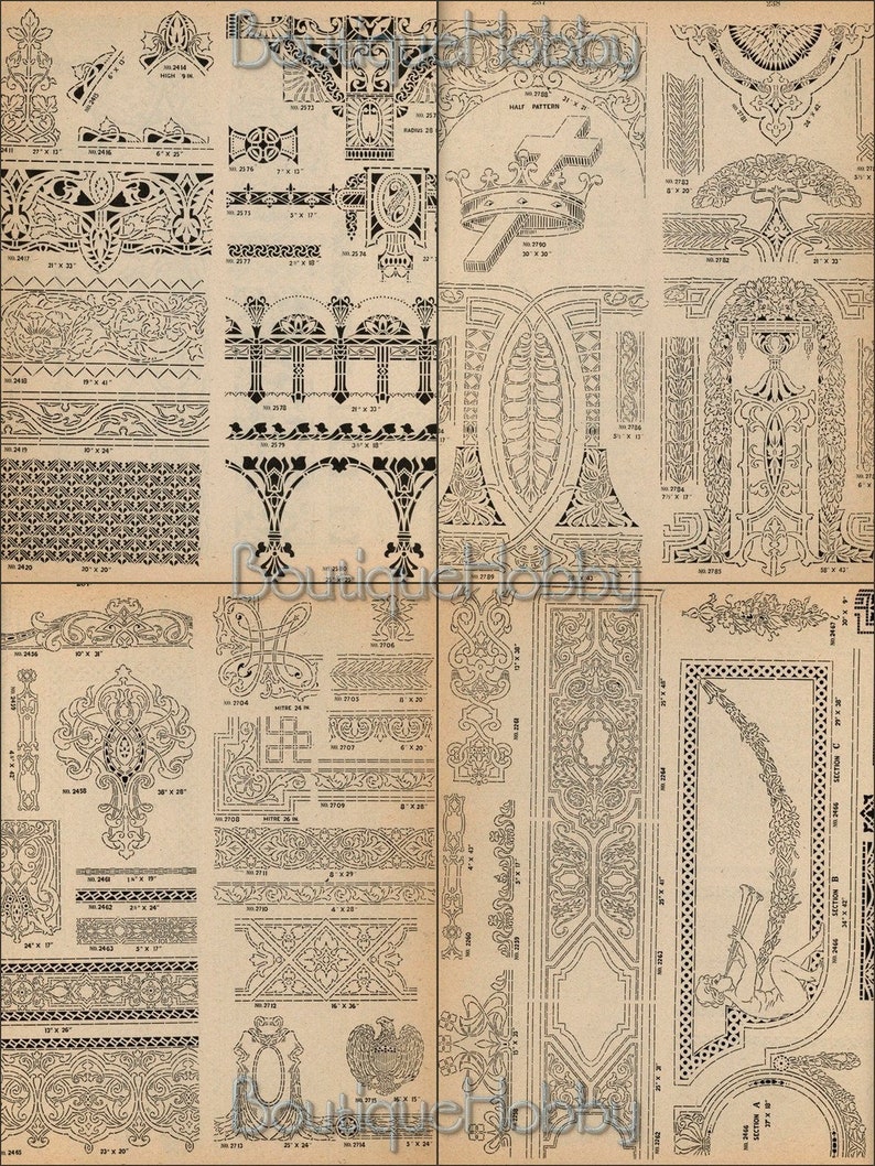 May include: A vintage sheet of stencil patterns for crafts. The patterns include floral, geometric, and architectural designs. The sheet is printed on aged paper with a light brown color.