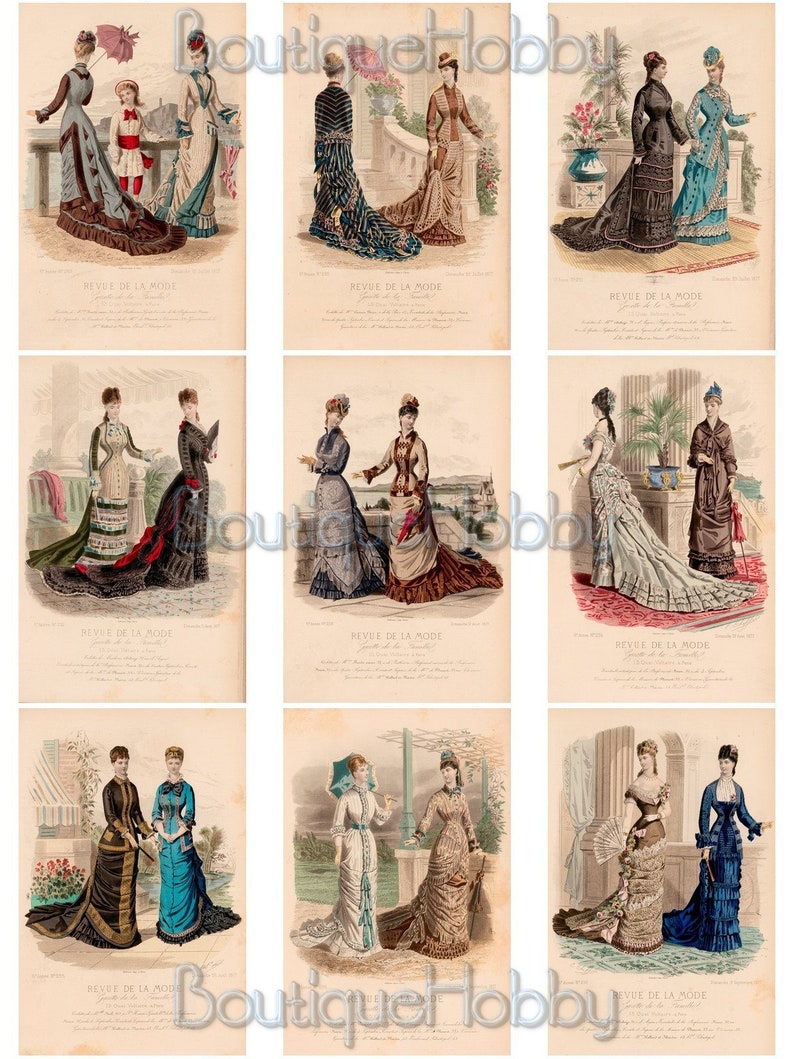 Puede incluir: Una ilustraci&oacute;n de moda vintage que presenta a nueve mujeres con vestidos y sombreros elaborados. Las mujeres est&aacute;n posando en diferentes entornos, incluyendo jardines y balcones. La ilustraci&oacute;n est&aacute; impresa en papel con un fondo crema y el texto "Revue de la Mode" est&aacute; impreso en la parte inferior de cada panel.