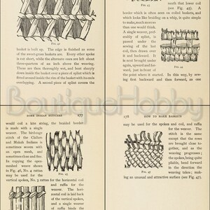 May include: A black and white illustration of a basket weaving technique. The image shows how to weave spokes and coils to create a basket.