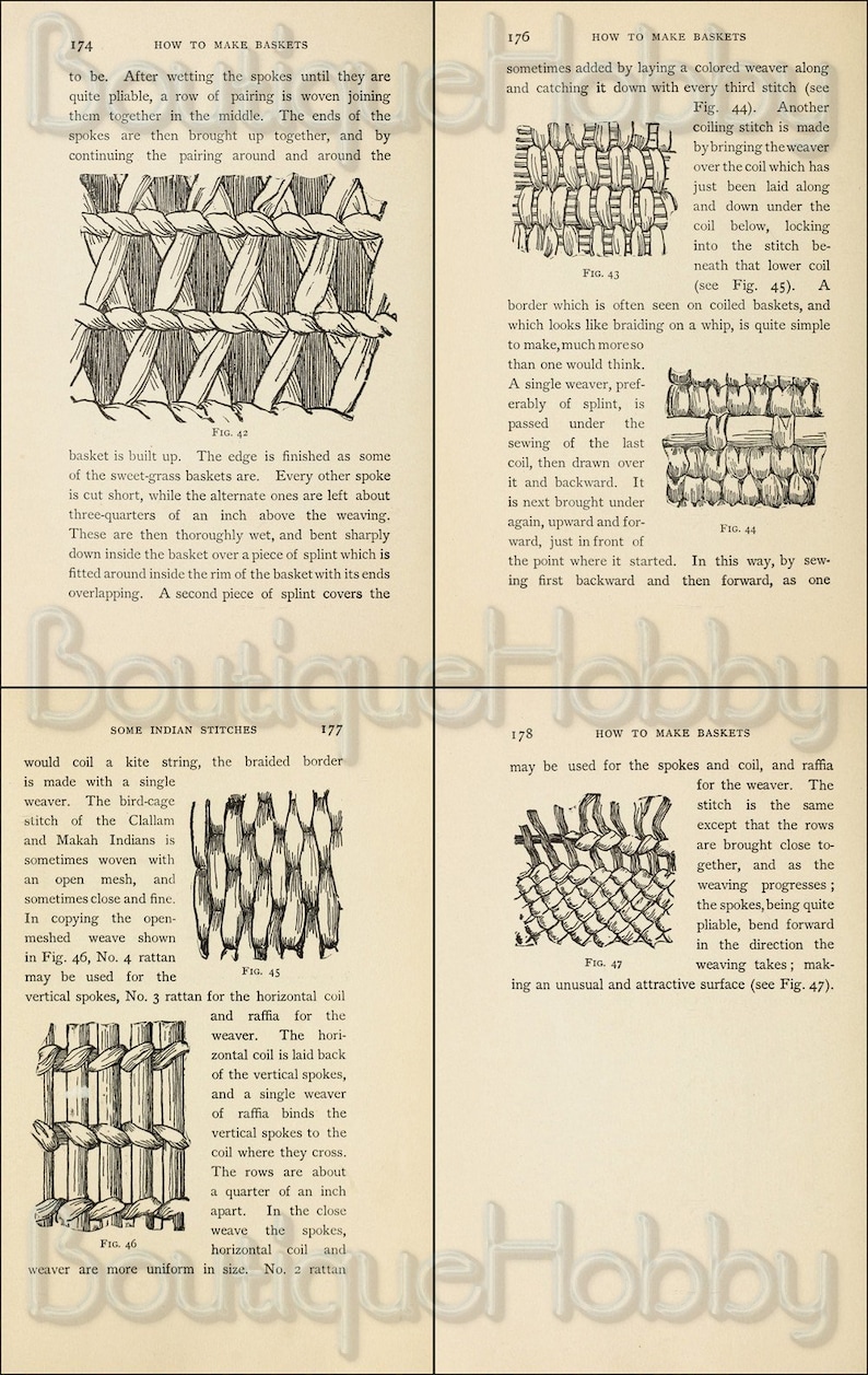 May include: A black and white illustration of a basket weaving technique. The image shows how to weave spokes and coils to create a basket.