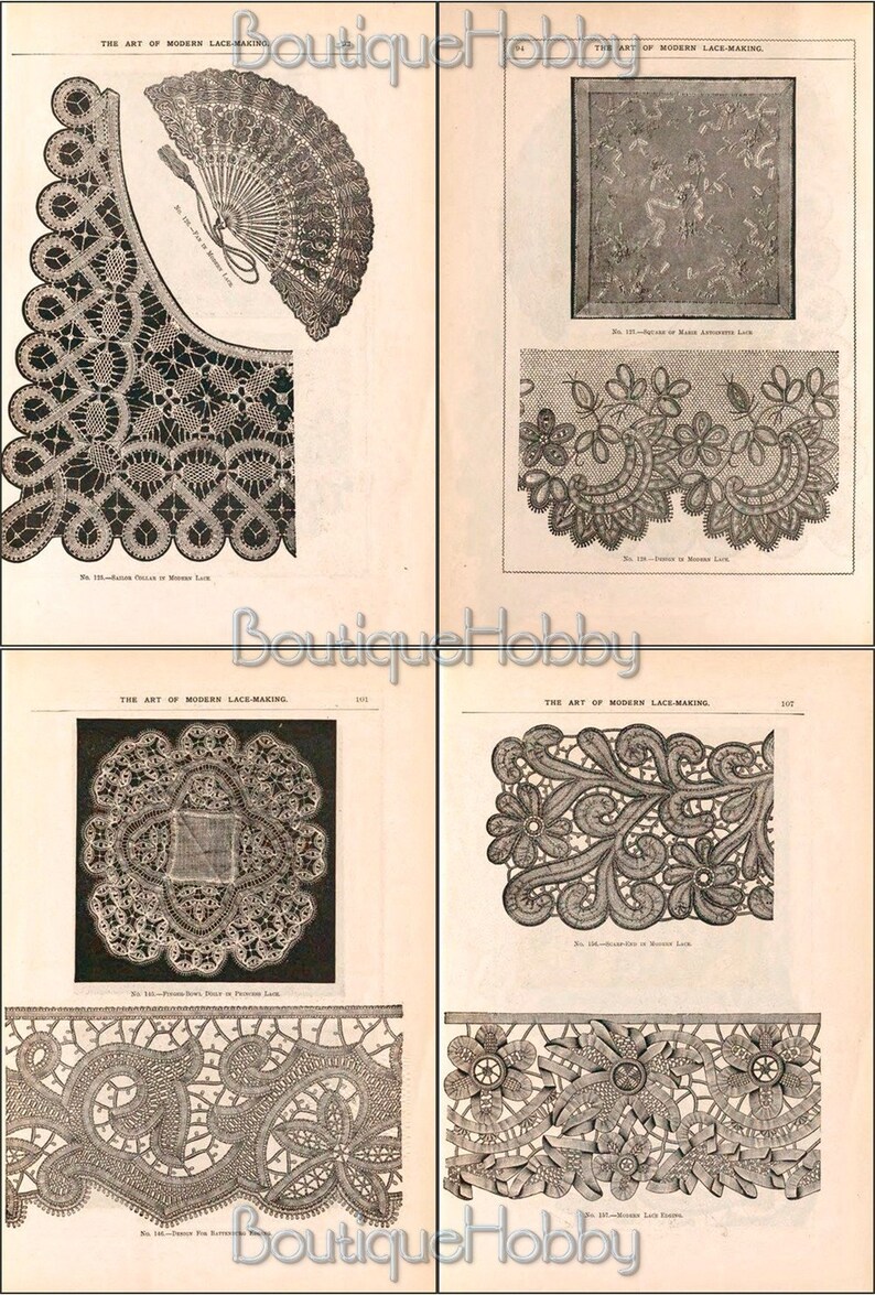 Puede incluir: Una p&aacute;gina de libro vintage con ilustraciones de diferentes patrones de encaje. El libro se titula "The Art of Modern Lace-Making".