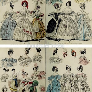 K&ouml;nnte beinhalten: Eine Vintage-Modeillustration aus den 1850er Jahren, die Frauen in verschiedenen Kleidern und H&uuml;ten zeigt. Die Illustration ist in zwei Abschnitte unterteilt, jeder mit einem Titel: "The Latest New Fashions 1856 Evening Dresses" und "The Latest New Fashions 1856 Evening Dresses".
