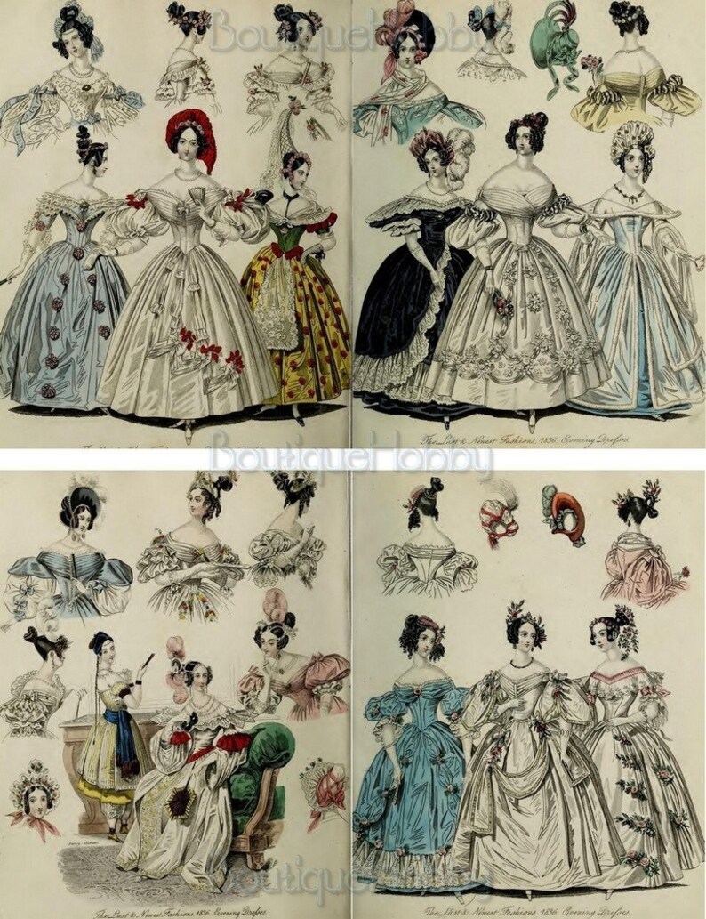 K&ouml;nnte beinhalten: Eine Vintage-Modeillustration aus den 1850er Jahren, die Frauen in verschiedenen Kleidern und H&uuml;ten zeigt. Die Illustration ist in zwei Abschnitte unterteilt, jeder mit einem Titel: "The Latest New Fashions 1856 Evening Dresses" und "The Latest New Fashions 1856 Evening Dresses".