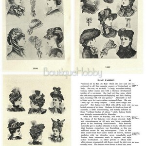 Może przedstawiać: Czarno-biała ilustracja kobiet w kapeluszach z lat 1880 i 1890. Ilustracja pochodzi z czasopisma modowego i zawiera tekst "Dame Fashion".
