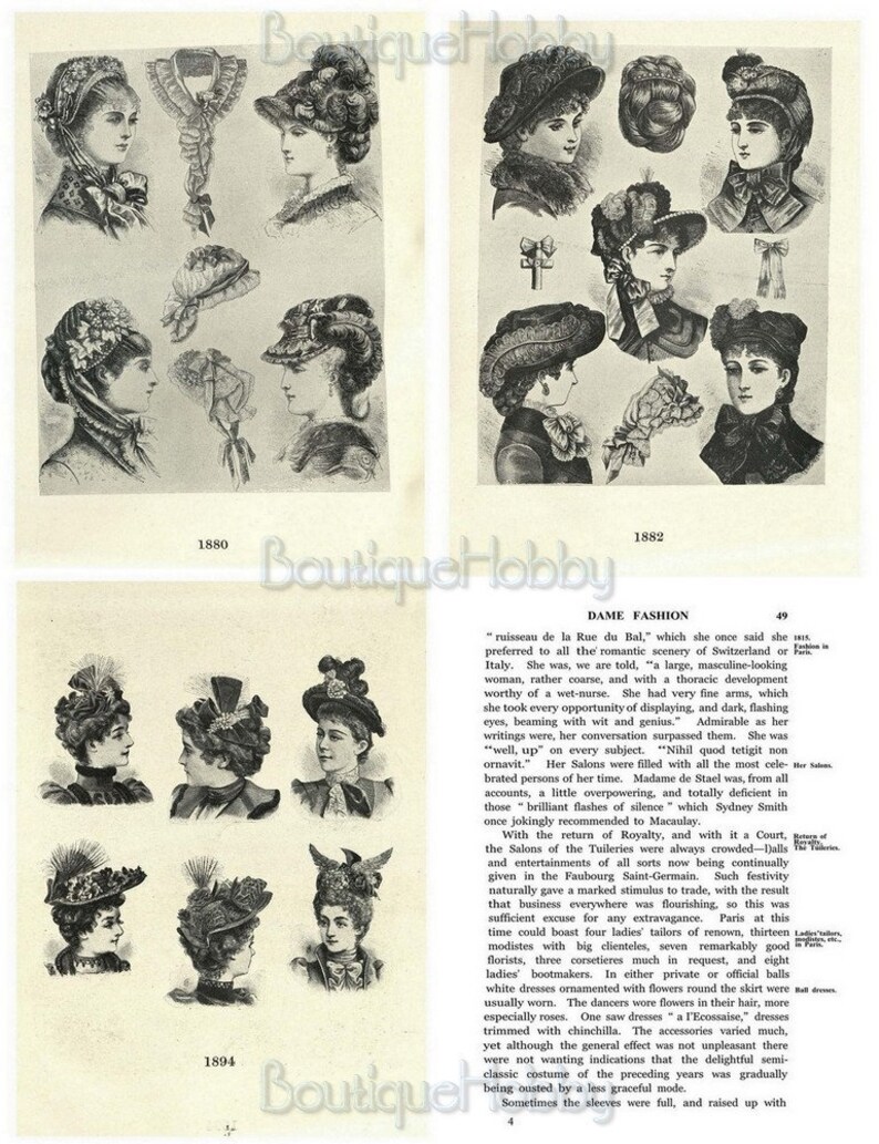 Może przedstawiać: Czarno-biała ilustracja kobiet w kapeluszach z lat 1880 i 1890. Ilustracja pochodzi z czasopisma modowego i zawiera tekst "Dame Fashion".