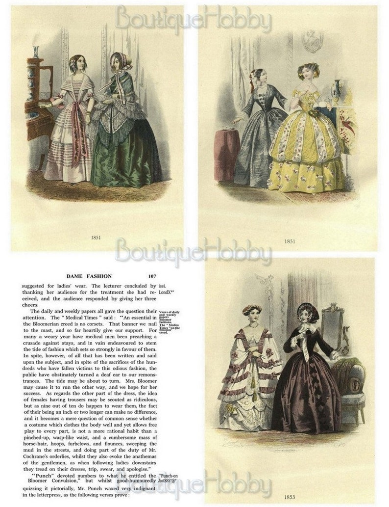 Może przedstawiać: Trzy ilustracje kobiet w r&oacute;żnych stylach mody z lat 1850. Pierwsze zdjęcie przedstawia dwie kobiety w pokoju z lustrem i stołem. Drugie zdjęcie przedstawia dwie kobiety w pokoju z kominkiem. Trzecie zdjęcie przedstawia dwie kobiety w pokoju z lustrem i krzesłem. Tekst na stronie brzmi "Dame Fashion" i omawia trend mody Bloomer.