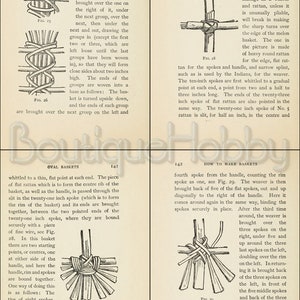 May include: A black and white illustration showing how to weave a basket using rattan. The illustration shows the steps for weaving the rim, handle, and spokes of the basket. The text in the image reads "How to Make Baskets".