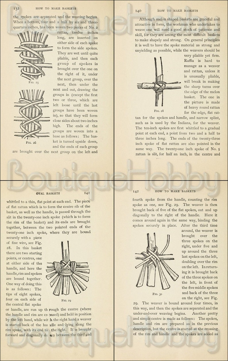 May include: A black and white illustration showing how to weave a basket using rattan. The illustration shows the steps for weaving the rim, handle, and spokes of the basket. The text in the image reads "How to Make Baskets".