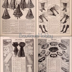 May include: A page from a vintage catalog featuring women's undergarments, neckwear, and belts. The page includes illustrations of various styles of petticoats, collars, and belts, along with descriptions and prices. The text on the page reads "We Do Not Handle Materials We Cannot Recommend." and "National Cloak and Suit Company, New York City."