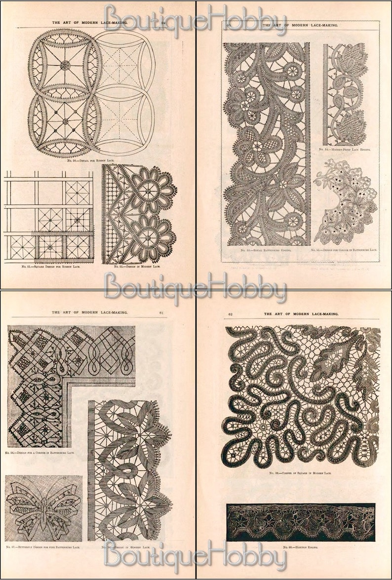 Puede incluir: Una p&aacute;gina de libro vintage con ilustraciones en blanco y negro de patrones de encaje. La p&aacute;gina se titula "The Art of Modern Lace-Making" e incluye n&uacute;meros y descripciones de cada patr&oacute;n.