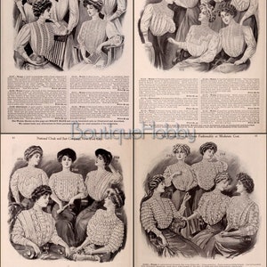 May include: A vintage catalog page featuring women's white blouses with lace detailing. The blouses are shown on models in various poses, with some sitting and others standing. The catalog page includes product descriptions and prices for each blouse.