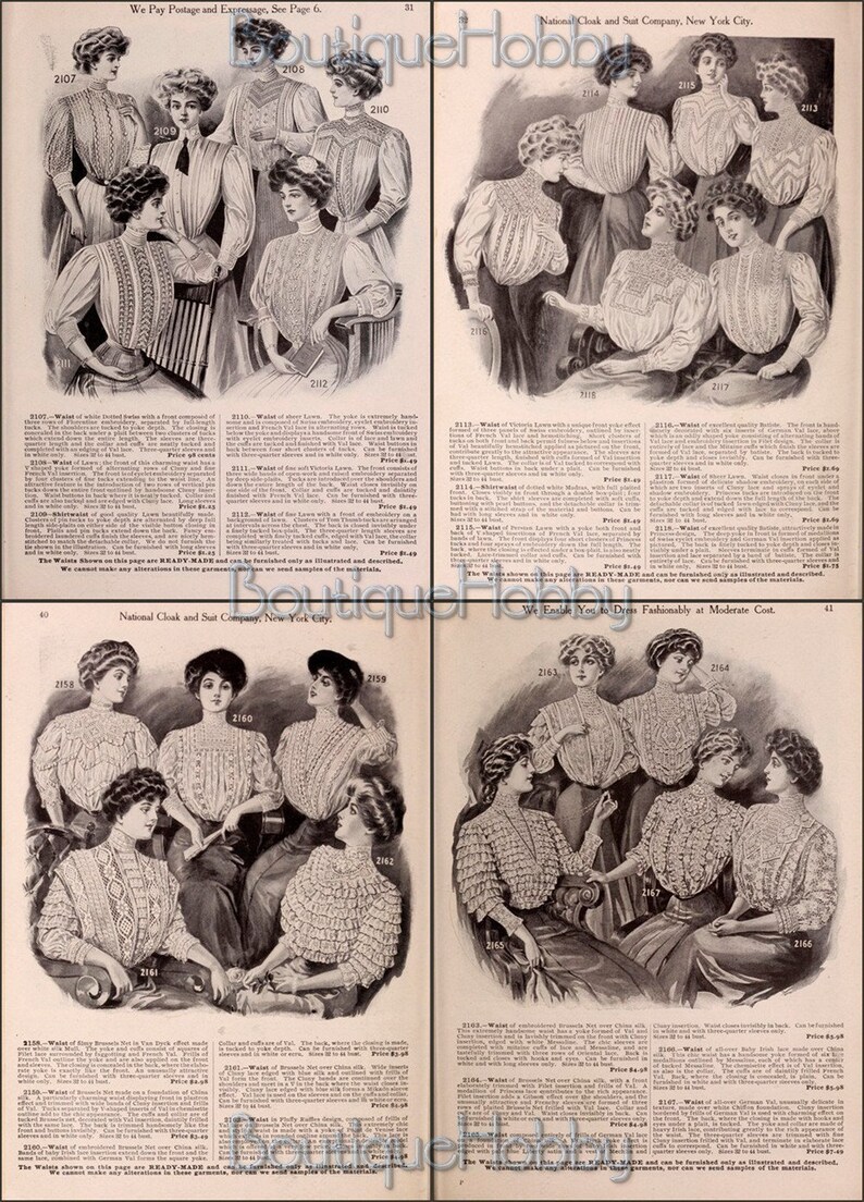 May include: A vintage catalog page featuring women's white blouses with lace detailing. The blouses are shown on models in various poses, with some sitting and others standing. The catalog page includes product descriptions and prices for each blouse.