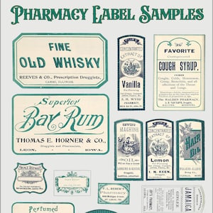 May include: A collection of vintage pharmacy labels with green and blue borders. The labels feature text such as "Fine Old Whisky", "Superior Bar Rum", "Favorite Cough Syrup", "Concentrated Extract of Vanilla", "Concentrated Extract of Lemon", and "Hair Oil".