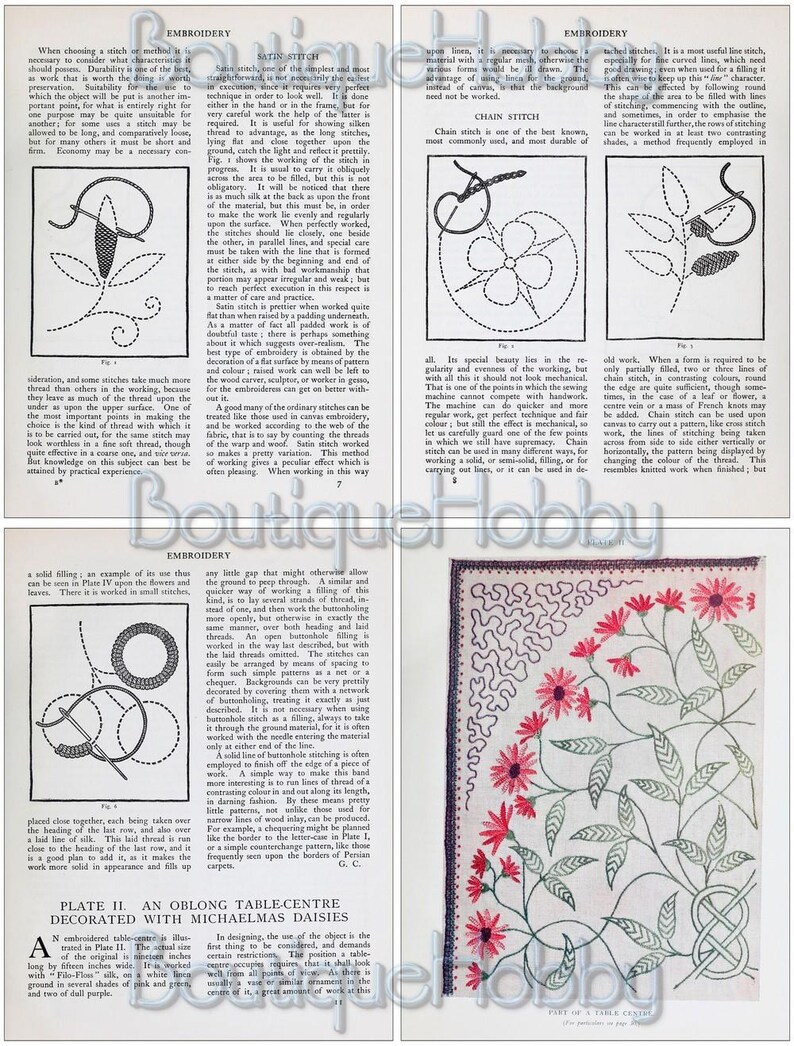 K&ouml;nnte beinhalten: Ein Vintage-Stickleitfaden mit Illustrationen verschiedener Stiche, darunter Satinstich, Kettenstich und Knopflochstich. Der Leitfaden enth&auml;lt auch eine Nahaufnahme eines mit gestickten G&auml;nsebl&uuml;mchen verzierten Tischzentrums.