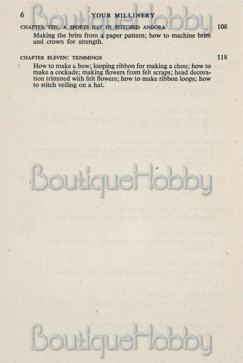 May include: A vintage book page with text about millinery. The page includes chapter titles such as "A Sports Hat in Stitched Angora" and "Trimmings." The text describes how to make a hat brim, bows, and flowers. The "Boutique Hobby" logo is visible.