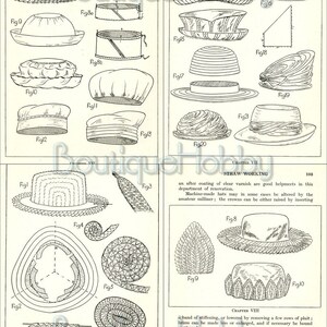 May include: A vintage book with illustrations of different hat shapes and styles. The book is titled "Straw Working" and includes chapters on straw hat making and renovation.