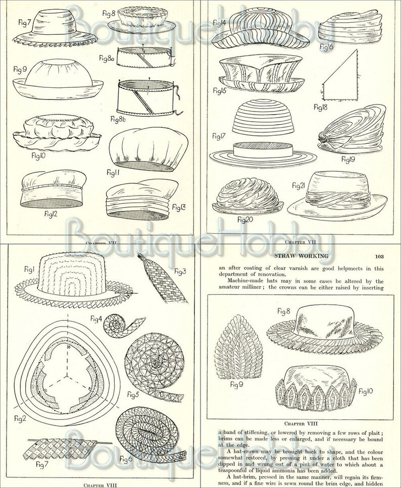 May include: A vintage book with illustrations of different hat shapes and styles. The book is titled "Straw Working" and includes chapters on straw hat making and renovation.