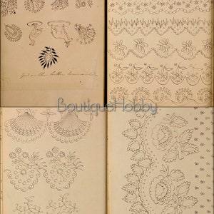 May include: A vintage embroidery pattern book with various designs for flowers, leaves, and borders. The book includes instructions for "Good on the little garment".
