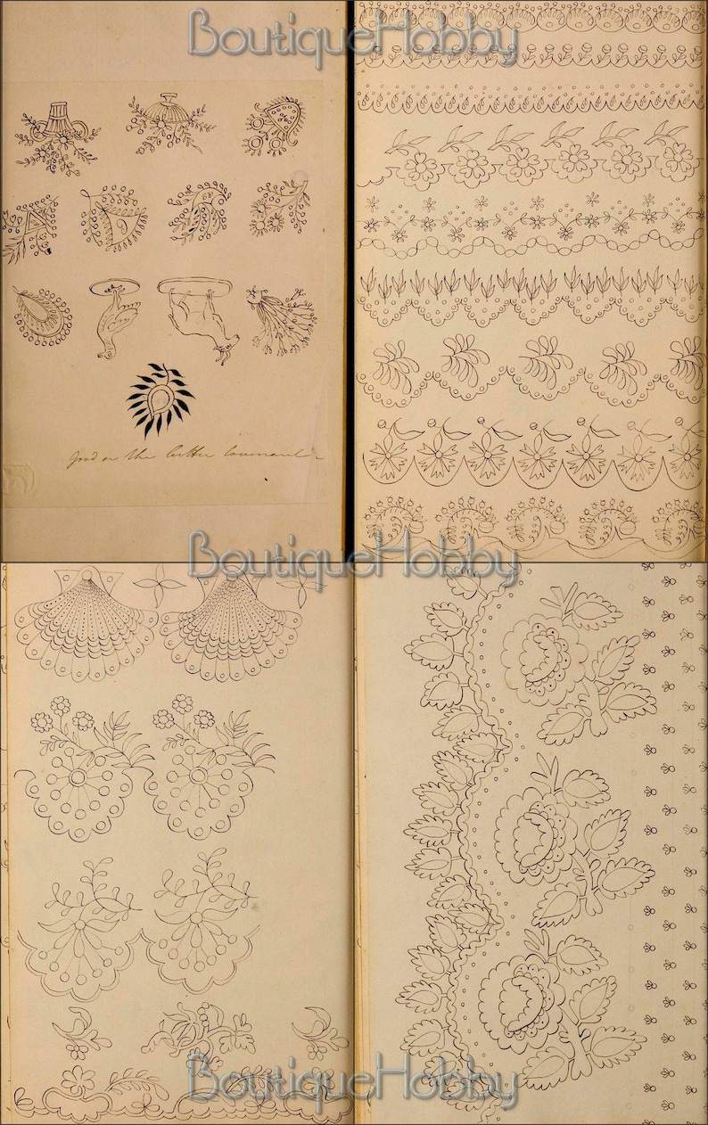 May include: A vintage embroidery pattern book with various designs for flowers, leaves, and borders. The book includes instructions for "Good on the little garment".