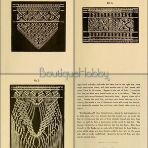 May include: A vintage craft book page with instructions and diagrams for making a macrame knot pattern. The page is titled "No. 5" and includes the text "Threads for this Pattern one yard and four inches long."