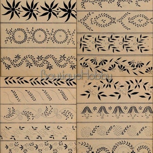 May include: A black and white image with 18 different embroidery designs. The designs are all floral and leaf patterns. The designs are arranged in two columns.