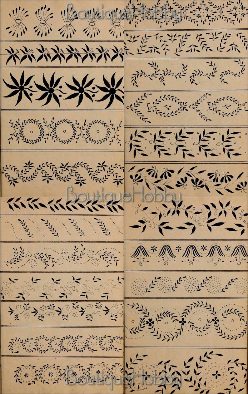 May include: A black and white image with 18 different embroidery designs. The designs are all floral and leaf patterns. The designs are arranged in two columns.