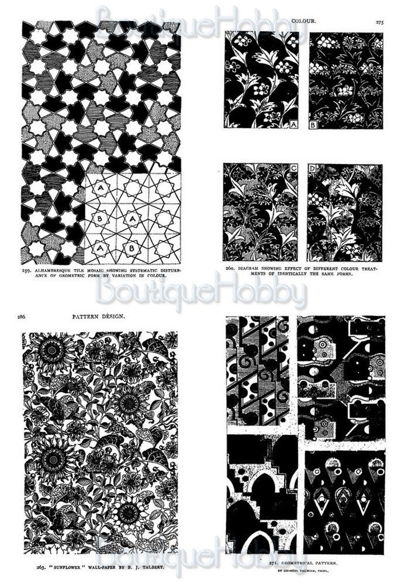 K&ouml;nnte beinhalten: Ein Schwarzwei&szlig;bild, das verschiedene geometrische Muster zeigt. Das Bild ist in vier Abschnitte unterteilt, wobei jeder Abschnitt ein anderes Muster aufweist. Die Muster sind alle abstrakt und geometrisch und bestehen aus einfachen Formen. Das Bild ist ein gutes Beispiel daf&uuml;r, wie geometrische Muster verwendet werden k&ouml;nnen, um interessante und optisch ansprechende Designs zu erstellen.