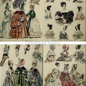 K&ouml;nnte beinhalten: Eine Vintage-Modetafel mit Illustrationen von Damenbekleidung und Frisuren aus den 1800er Jahren. Die Illustration zeigt verschiedene Stile von Kleidern, H&uuml;ten und Haarschmuck. Der Text auf der Seite lautet "The Paris & London Fashions 1838 Morning & Evening Dresses" und "The Paris & London Fashions 1838 Evening & Morning Dresses".