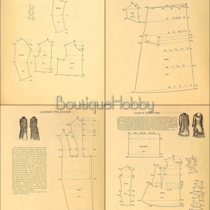 May include: A vintage sewing pattern booklet with four different patterns for women's and girl's clothing. The patterns include a spencer waist, a wrapper, a polonaise, and a girl's costume. The patterns are printed on cream-colored paper with black lines and numbers.