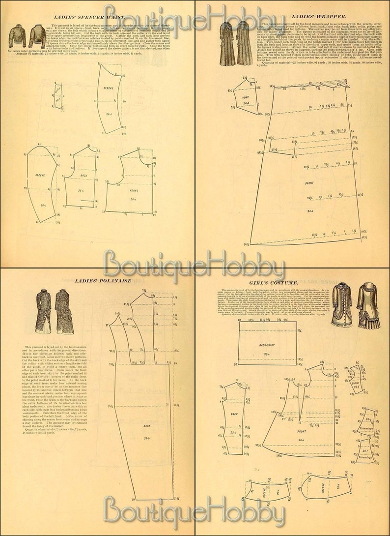 May include: A vintage sewing pattern booklet with four different patterns for women's and girl's clothing. The patterns include a spencer waist, a wrapper, a polonaise, and a girl's costume. The patterns are printed on cream-colored paper with black lines and numbers.