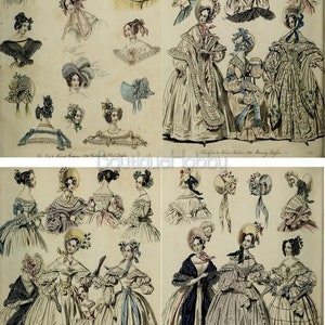 K&ouml;nnte beinhalten: Eine Vintage-Modeillustration, die Damenbekleidung und H&uuml;te aus dem 19. Jahrhundert zeigt. Die Illustration zeigt verschiedene Stile von Kleidern, H&uuml;ten und Frisuren. Der Text am unteren Rand des Bildes lautet "The New Bonnet Fashion for 1838. Morning Dresses."