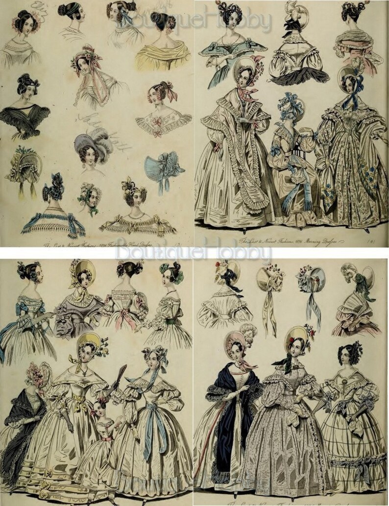 K&ouml;nnte beinhalten: Eine Vintage-Modeillustration, die Damenbekleidung und H&uuml;te aus dem 19. Jahrhundert zeigt. Die Illustration zeigt verschiedene Stile von Kleidern, H&uuml;ten und Frisuren. Der Text am unteren Rand des Bildes lautet "The New Bonnet Fashion for 1838. Morning Dresses."