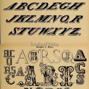 May include: A page from a book showing examples of different letter styles. The top section shows a set of italic shaded letters in black. The bottom section shows examples of decorative letters in black with ornate designs.