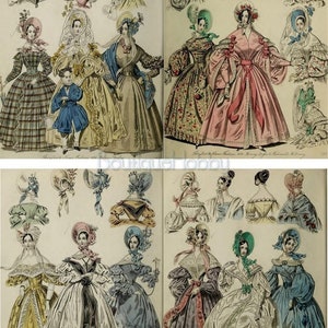 K&ouml;nnte beinhalten: Eine Vintage-Modeillustration, die Frauen in verschiedenen Kleidern und H&uuml;ten zeigt. Die Illustration ist in vier Abschnitte unterteilt, die jeweils unterschiedliche Kleidungsstile und Accessoires pr&auml;sentieren. Die Frauen sind in verschiedenen Posen dargestellt, einige stehen, einige sitzen und einige gehen. Die Illustration ist ein sch&ouml;nes Beispiel f&uuml;r die Mode des 19. Jahrhunderts.