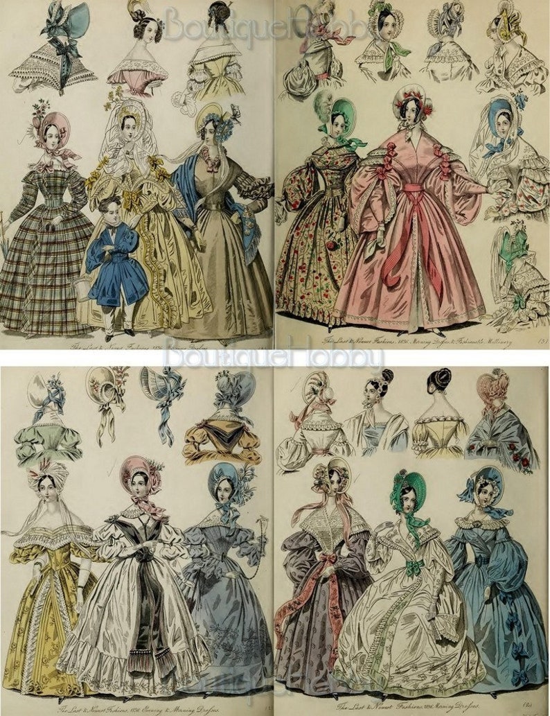K&ouml;nnte beinhalten: Eine Vintage-Modeillustration, die Frauen in verschiedenen Kleidern und H&uuml;ten zeigt. Die Illustration ist in vier Abschnitte unterteilt, die jeweils unterschiedliche Kleidungsstile und Accessoires pr&auml;sentieren. Die Frauen sind in verschiedenen Posen dargestellt, einige stehen, einige sitzen und einige gehen. Die Illustration ist ein sch&ouml;nes Beispiel f&uuml;r die Mode des 19. Jahrhunderts.