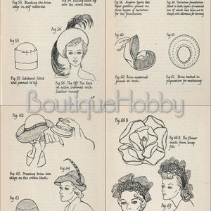 May include: Vintage illustration of hat-making techniques. The image shows detailed diagrams and instructions for creating various hat styles, including brim shaping, sideband fitting, and feather trimming. The image also includes text.