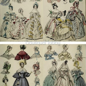 K&ouml;nnte beinhalten: Eine Vintage-Modeillustration, die Frauen in verschiedenen Kleidern und H&uuml;ten zeigt. Die Illustration ist farbig und zeigt detaillierte Zeichnungen der Kleidung und Accessoires.