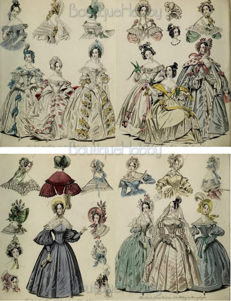 K&ouml;nnte beinhalten: Eine Vintage-Modeillustration, die Frauen in verschiedenen Kleidern und H&uuml;ten zeigt. Die Illustration ist farbig und zeigt detaillierte Zeichnungen der Kleidung und Accessoires.