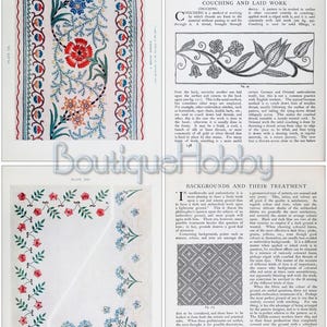 K&ouml;nnte beinhalten: Eine Seite aus einem Buch &uuml;ber Sticktechniken mit Illustrationen verschiedener Stiche und Muster. Der Text behandelt das Couching und die Laid-Arbeit sowie Hintergr&uuml;nde und deren Behandlung in der Stickerei.