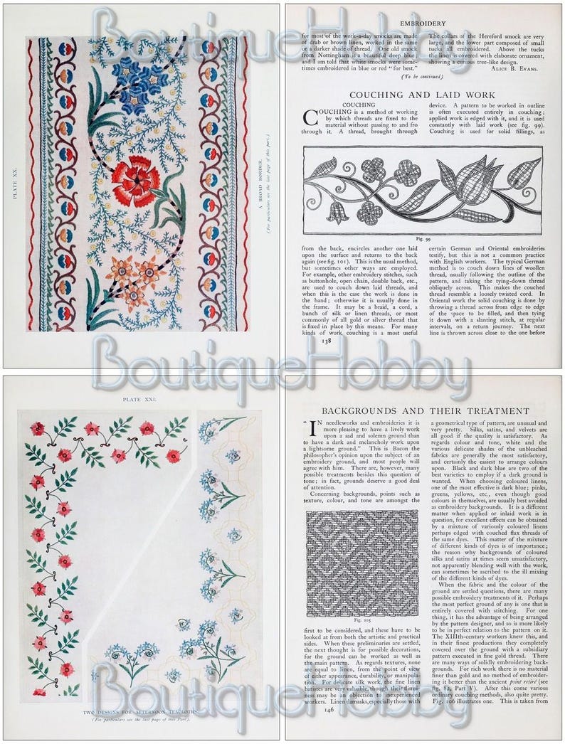 K&ouml;nnte beinhalten: Eine Seite aus einem Buch &uuml;ber Sticktechniken mit Illustrationen verschiedener Stiche und Muster. Der Text behandelt das Couching und die Laid-Arbeit sowie Hintergr&uuml;nde und deren Behandlung in der Stickerei.