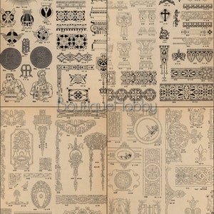 May include: A black and white image of various decorative design elements. The image is divided into four sections, each containing a variety of designs, including borders, frames, and floral motifs. The designs are numbered and labeled with their dimensions.