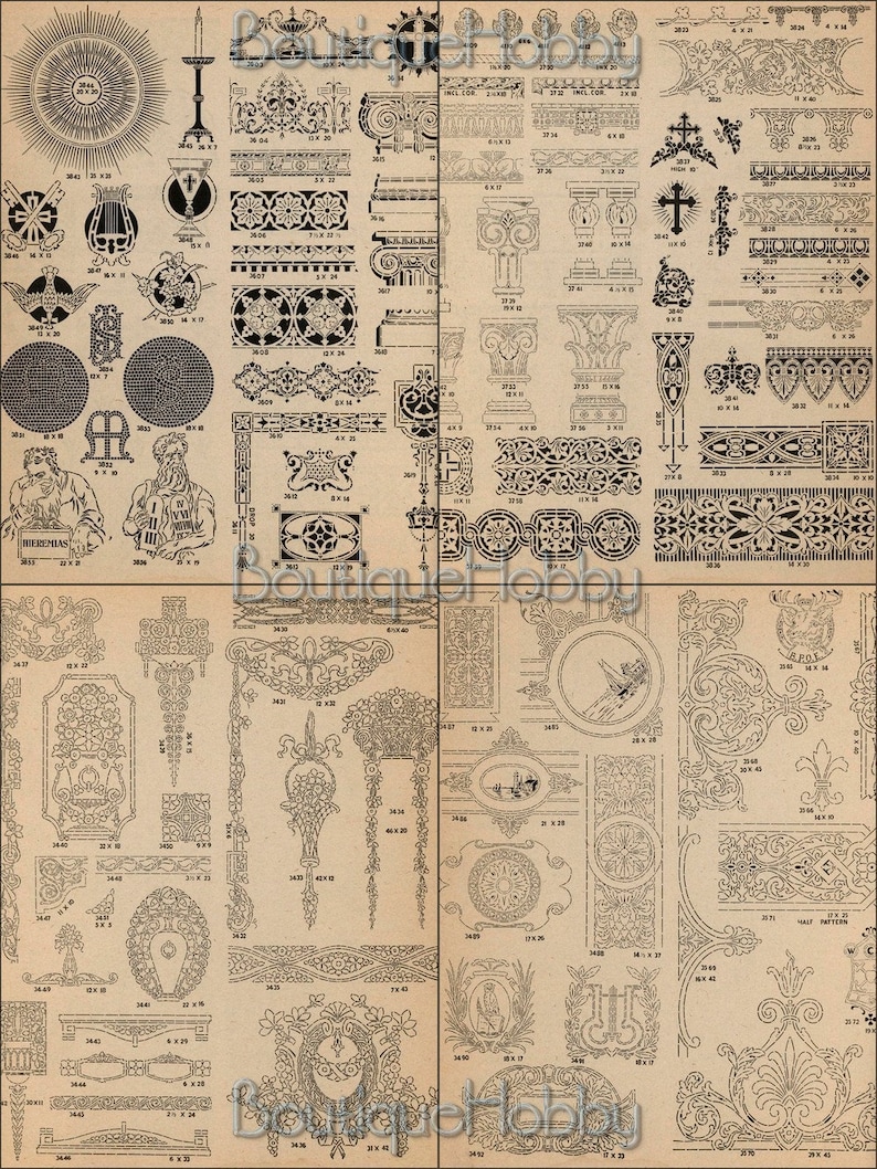 May include: A black and white image of various decorative design elements. The image is divided into four sections, each containing a variety of designs, including borders, frames, and floral motifs. The designs are numbered and labeled with their dimensions.