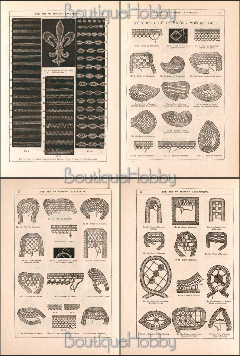 Puede incluir: Una p&aacute;gina de libro vintage con ilustraciones de diferentes puntos de encaje. La p&aacute;gina se titula "El arte de la confecci&oacute;n de encaje moderno" y muestra varios puntos utilizados en la confecci&oacute;n de encaje moderno.