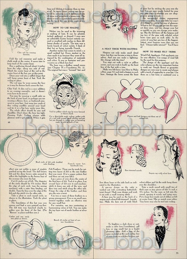 May include: A vintage illustration of a woman wearing a hat with a veil. The illustration is from a book about hat making and includes instructions on how to make different types of hats and trims.