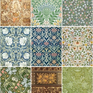 Peut inclure: Collection de neuf papiers peints &agrave; motifs floraux vintage. Les motifs pr&eacute;sentent diverses fleurs, feuilles et vignes dans des tons de vert, bleu, jaune, rose et marron.