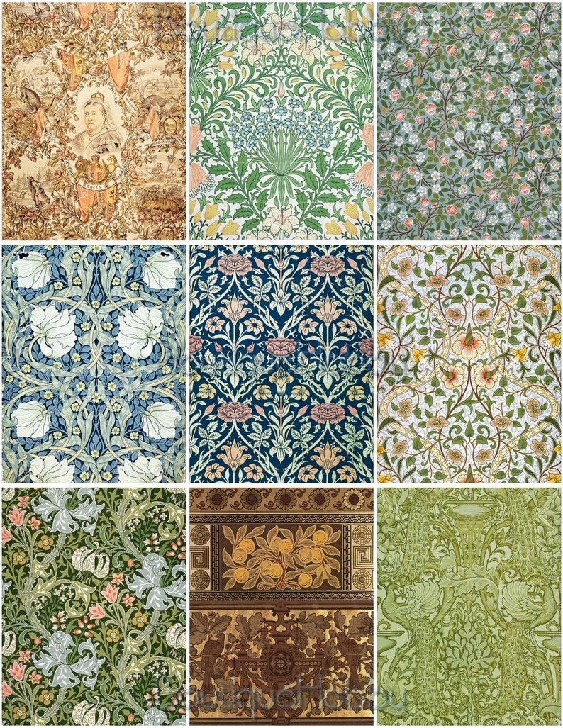Peut inclure: Collection de neuf papiers peints &agrave; motifs floraux vintage. Les motifs pr&eacute;sentent diverses fleurs, feuilles et vignes dans des tons de vert, bleu, jaune, rose et marron.