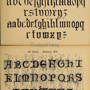 May include: Two pages from a book showing examples of different fonts. The first page shows two examples of the letter 'a' in black ink on a cream-coloured background. The second page shows a full alphabet in black ink on a cream-coloured background with a decorative pattern.